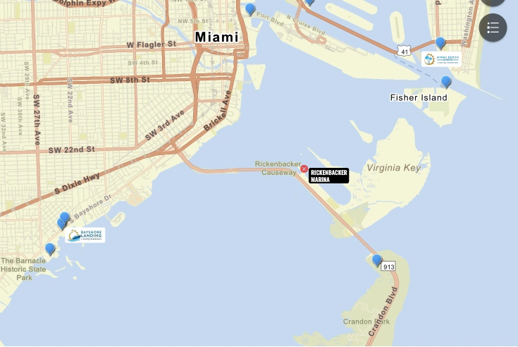 Map of Florida DEP designated Clean Marinas around Rickenbacker Marina