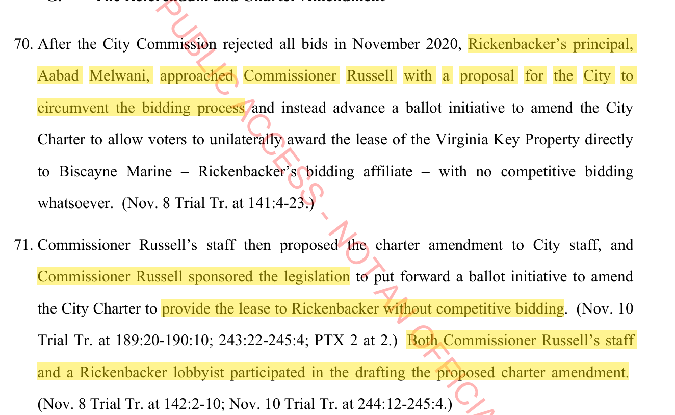 Court findings on Melwani approaching Commissioner Russell to circumvent the bidding process