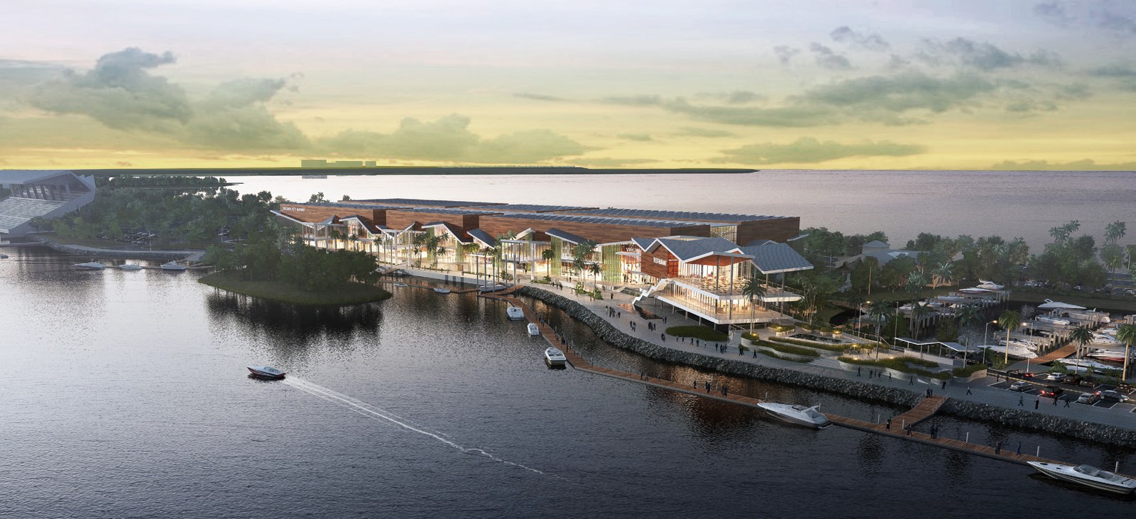 Winning RFP rendering of the proposed Virginia Key marina showing the continuous waterfront baywalk, public promenade and docks